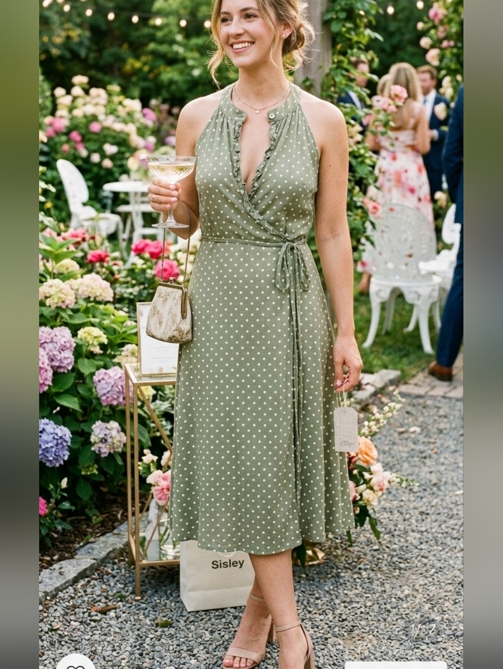 Sisley Sage Green Polka Dot Halter Wrap Midi Dress Sz: M/L Cotton Linen Blend